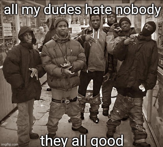 All My Homies Hate | all my dudes hate nobody; they all good | image tagged in all my homies hate | made w/ Imgflip meme maker