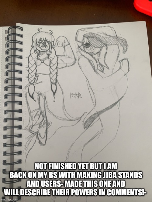 Bad quality image but oh well- | NOT FINISHED YET BUT I AM BACK ON MY BS WITH MAKING JJBA STANDS AND USERS- MADE THIS ONE AND WILL DESCRIBE THEIR POWERS IN COMMENTS!- | made w/ Imgflip meme maker