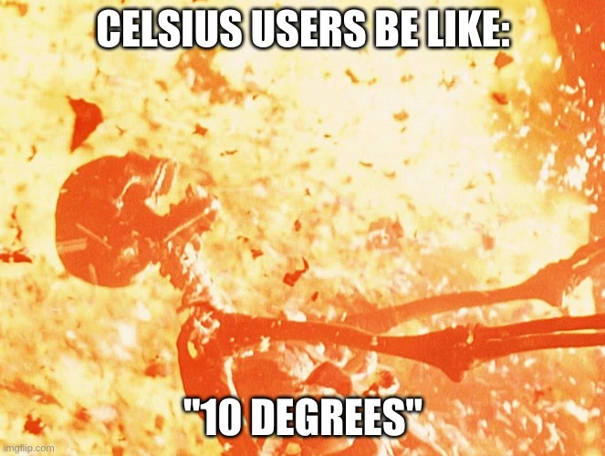 I mean, that's at least 11 | CELSIUS USERS BE LIKE:; "10 DEGREES" | image tagged in fire skeleton | made w/ Imgflip meme maker