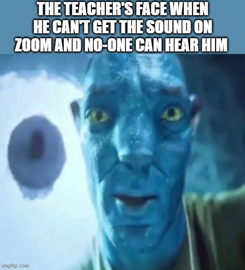 that moment when you laugh at the teacher behind your screen | THE TEACHER'S FACE WHEN HE CAN'T GET THE SOUND ON ZOOM AND NO-ONE CAN HEAR HIM | image tagged in avatar guy | made w/ Imgflip meme maker