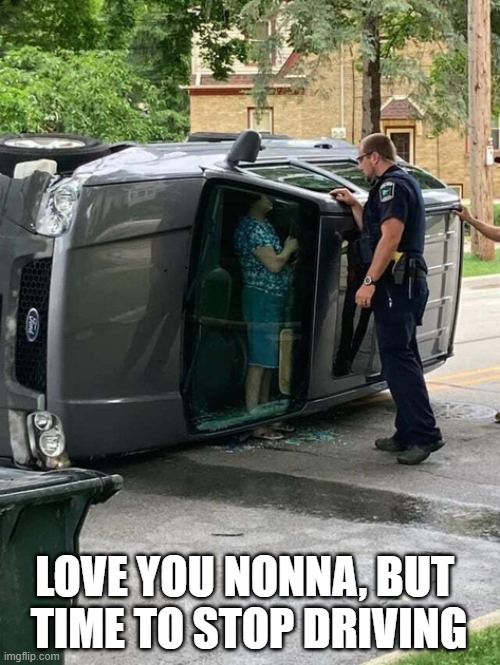 LOVE YOU NONNA, BUT 
TIME TO STOP DRIVING | image tagged in drive,car,accident,grandman,old | made w/ Imgflip meme maker