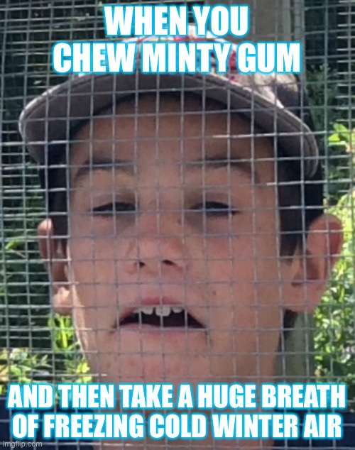It burns!!! | WHEN YOU CHEW MINTY GUM; AND THEN TAKE A HUGE BREATH OF FREEZING COLD WINTER AIR | image tagged in gum,minty | made w/ Imgflip meme maker