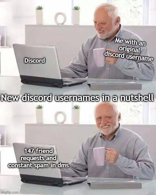 new discord users | Me with an original discord username; Discord; New discord usernames in a nutshell; 147 friend requests and constant spam in dms | image tagged in memes,hide the pain harold | made w/ Imgflip meme maker