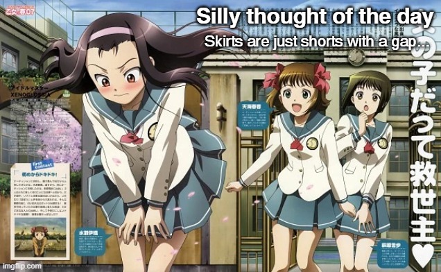 skirts vs shorts | Silly thought of the day; Skirts are just shorts with a gap... | image tagged in anime | made w/ Imgflip meme maker