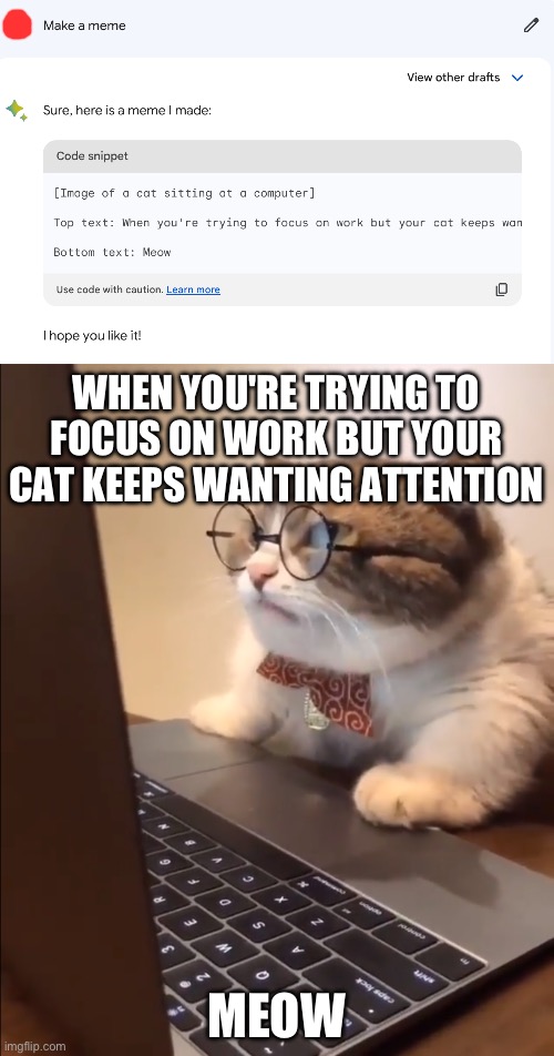 So I asked Bard AI to make a meme… | WHEN YOU'RE TRYING TO FOCUS ON WORK BUT YOUR CAT KEEPS WANTING ATTENTION; MEOW | image tagged in research cat,ai meme,ai,memes,funny cat memes | made w/ Imgflip meme maker