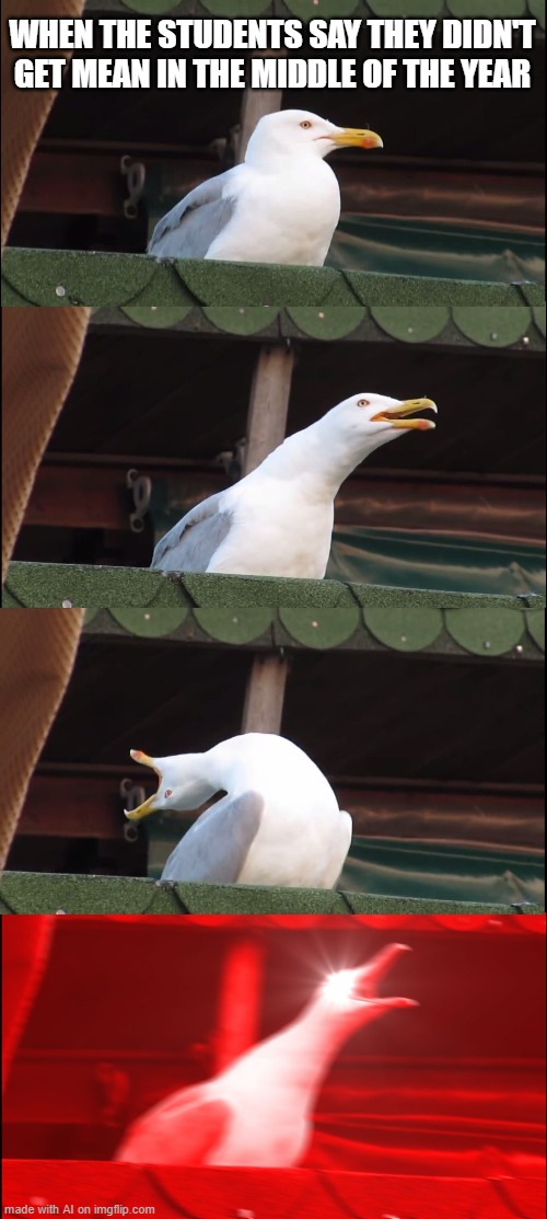 Inhaling Seagull Meme | WHEN THE STUDENTS SAY THEY DIDN'T GET MEAN IN THE MIDDLE OF THE YEAR | image tagged in memes,inhaling seagull,ai meme | made w/ Imgflip meme maker