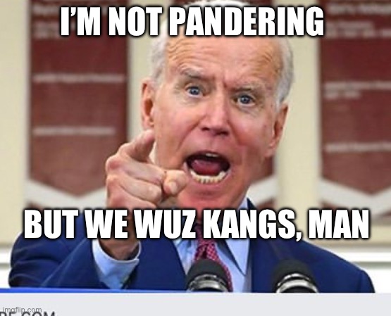 Joe Biden no malarkey | I’M NOT PANDERING; BUT WE WUZ KANGS, MAN | image tagged in joe biden no malarkey | made w/ Imgflip meme maker