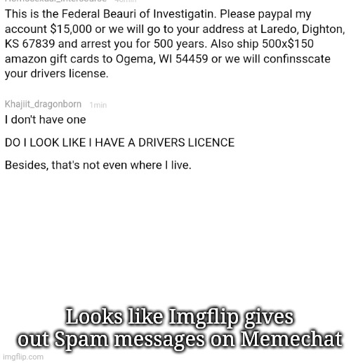 Could Imgflip not give spam? Or is this person just tricking me? | Looks like Imgflip gives out Spam messages on Memechat | image tagged in blank white template | made w/ Imgflip meme maker