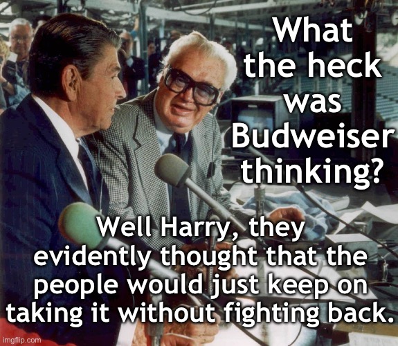 We're not gonna take it. No, we ain't gonna take it. We're not gonna take it anymore. | What the heck was Budweiser thinking? Well Harry, they evidently thought that the people would just keep on taking it without fighting back. | image tagged in harry carey,ronald reagan,not gonna take it | made w/ Imgflip meme maker