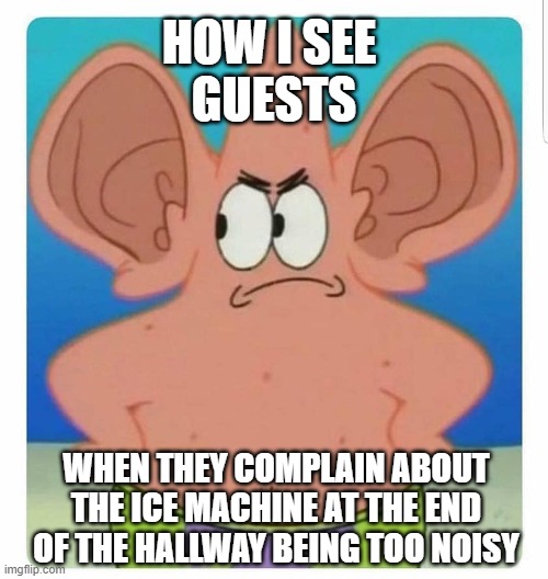 I'm like "dadgum, guys. You're the only people who have ever complained about that." Do these old people have super hearing? | HOW I SEE 
GUESTS; WHEN THEY COMPLAIN ABOUT THE ICE MACHINE AT THE END OF THE HALLWAY BEING TOO NOISY | image tagged in hotel,karen,old people be like,hearing,overly sensitive,ice machine | made w/ Imgflip meme maker