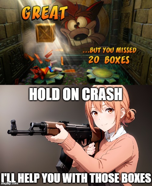 When you're a grown adult with responsibilities but you decide to help out something from your childhood for old time's sake. | HOLD ON CRASH; I'LL HELP YOU WITH THOSE BOXES | image tagged in crash bandicoot,anime girl with a gun,ak47,boxes,adulting,right in the childhood | made w/ Imgflip meme maker