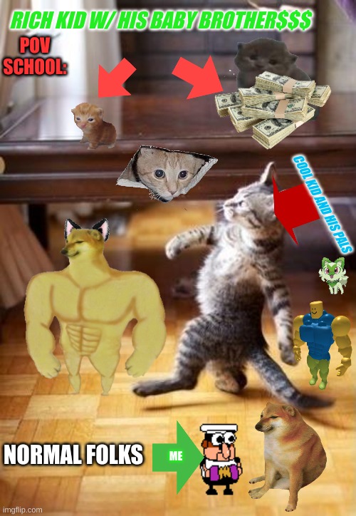 school i hate school | RICH KID W/ HIS BABY BROTHER$$$; POV SCHOOL:; COOL KID AND HIS PALS; NORMAL FOLKS; ME | image tagged in memes,cool cat stroll | made w/ Imgflip meme maker