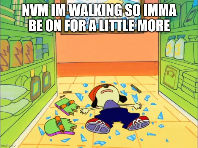 PaRappa on the floor | NVM IM WALKING SO IMMA BE ON FOR A LITTLE MORE | image tagged in parappa on the floor | made w/ Imgflip meme maker