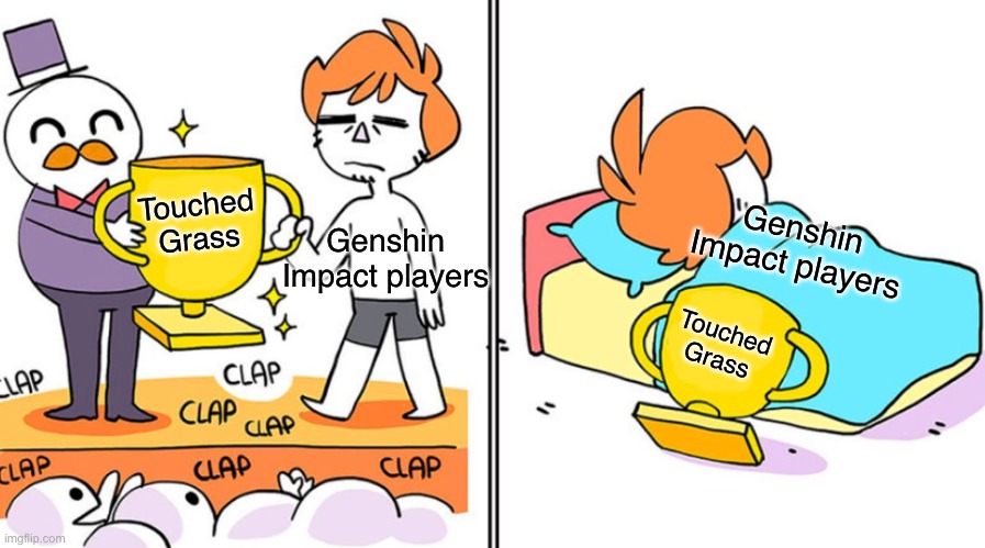 Thank you Mario, but the title is in another castle! | Genshin Impact players; Touched Grass; Genshin Impact players; Touched Grass | image tagged in achievement congratulations,memes,funny | made w/ Imgflip meme maker