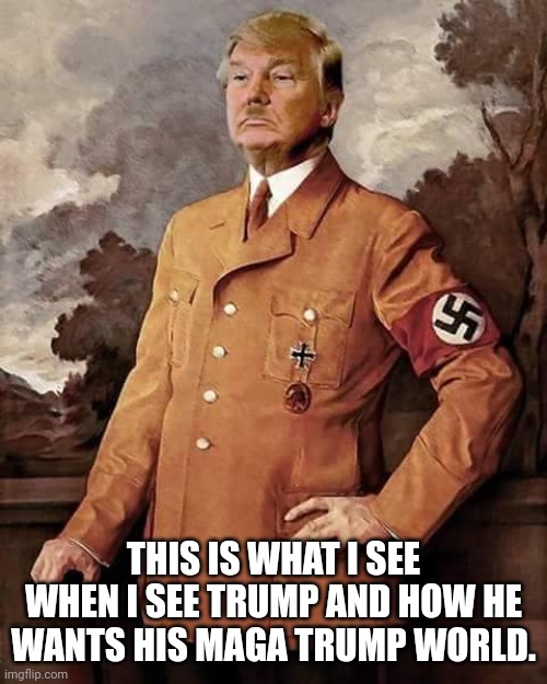 Heil trump | THIS IS WHAT I SEE WHEN I SEE TRUMP AND HOW HE WANTS HIS MAGA TRUMP WORLD. | image tagged in trump as hitler | made w/ Imgflip meme maker