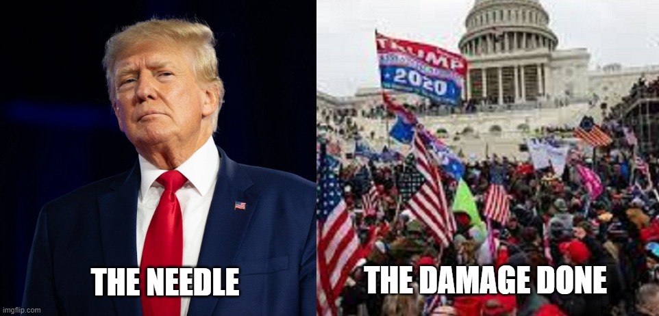 Donald Trump The Needle and the Damage Done | THE DAMAGE DONE; THE NEEDLE | image tagged in donald trump,the needle,january 6,the damage done,neil young | made w/ Imgflip meme maker