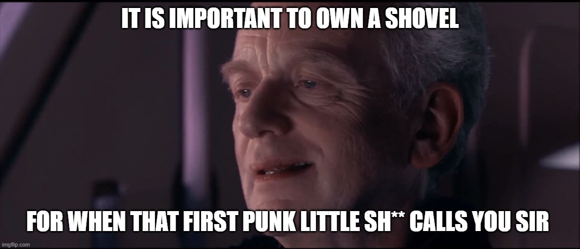Palpatine Ironic  | IT IS IMPORTANT TO OWN A SHOVEL FOR WHEN THAT FIRST PUNK LITTLE SH** CALLS YOU SIR | image tagged in palpatine ironic | made w/ Imgflip meme maker