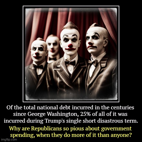 If you want to cut government spending, elect Democrats. | Of the total national debt incurred in the centuries 
since George Washington, 25% of all of it was 
incurred during Trump's single short di | image tagged in funny,demotivationals,national debt,george washington,republicans,conservative hypocrisy | made w/ Imgflip demotivational maker