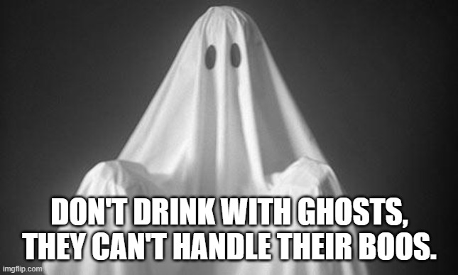 Ghost | DON'T DRINK WITH GHOSTS, THEY CAN'T HANDLE THEIR BOOS. | image tagged in ghost,bad pun | made w/ Imgflip meme maker