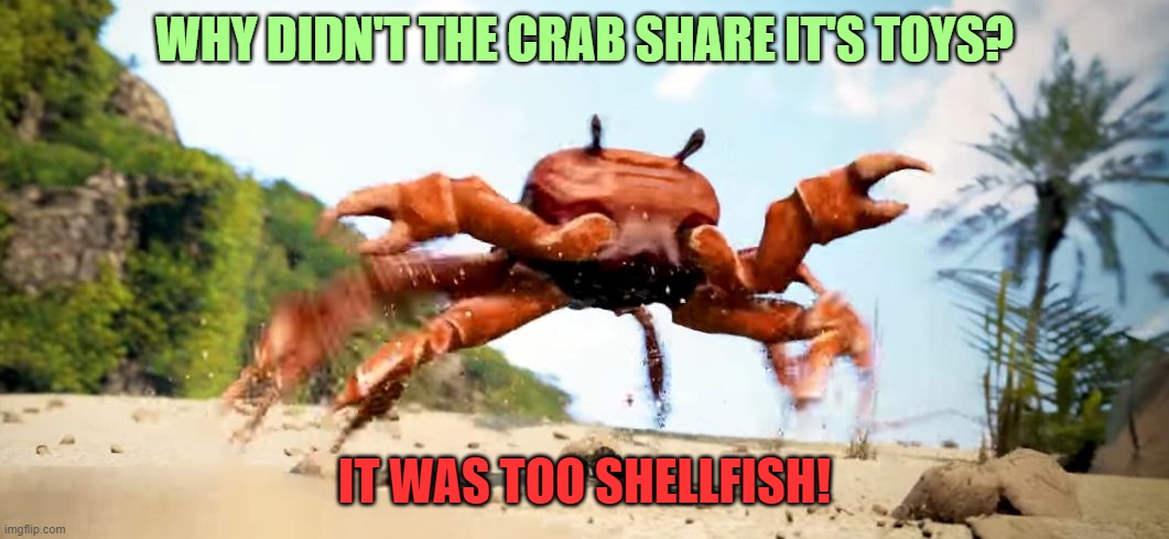 Obama is Gone | WHY DIDN'T THE CRAB SHARE IT'S TOYS? IT WAS TOO SHELLFISH! | image tagged in crab,memes,bad pun | made w/ Imgflip meme maker