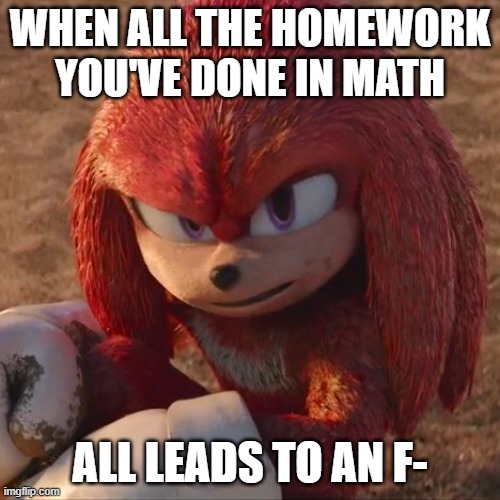 I don't even do extra credit. I just live with the F- | WHEN ALL THE HOMEWORK YOU'VE DONE IN MATH; ALL LEADS TO AN F- | image tagged in knuckles is not impressed | made w/ Imgflip meme maker