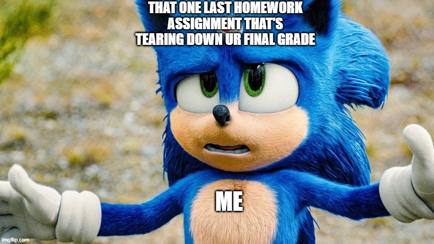 GOOD THING I DIDN'T HAVE ANY!!!! | THAT ONE LAST HOMEWORK
ASSIGNMENT THAT'S TEARING DOWN UR FINAL GRADE; ME | image tagged in sonic self-destruct robot | made w/ Imgflip meme maker