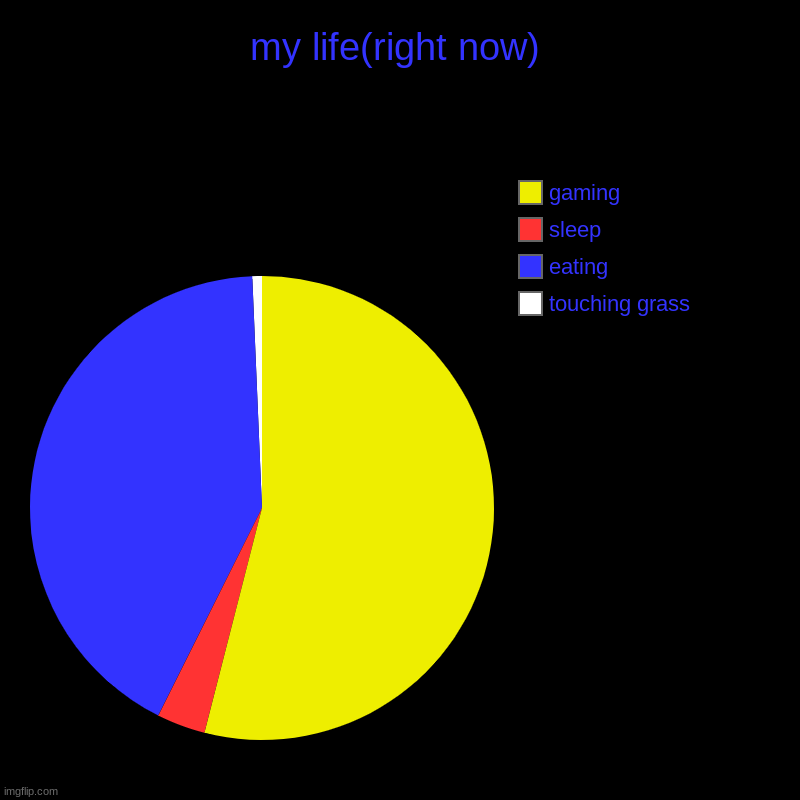 my life(right now) | touching grass, eating, sleep, gaming | image tagged in charts,pie charts | made w/ Imgflip chart maker