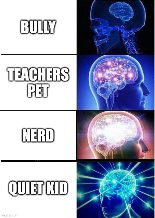 every type of classroom | BULLY; TEACHERS PET; NERD; QUIET KID | image tagged in memes,expanding brain | made w/ Imgflip meme maker