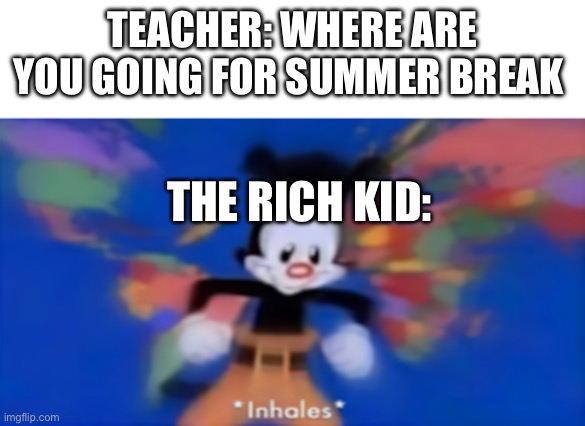 Yakko inhale | TEACHER: WHERE ARE YOU GOING FOR SUMMER BREAK; THE RICH KID: | image tagged in yakko inhale,rich,fun,memes | made w/ Imgflip meme maker