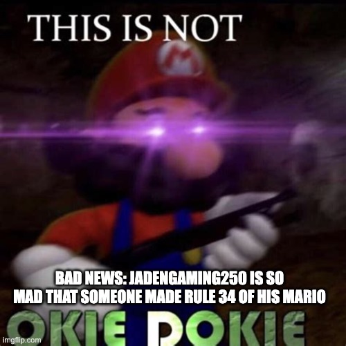 SMG4 - Rule 34 Suck, Cry About it! | BAD NEWS: JADENGAMING250 IS SO MAD THAT SOMEONE MADE RULE 34 OF HIS MARIO | image tagged in this is not okie dokie,mario,bros,rule 34,not okie | made w/ Imgflip meme maker