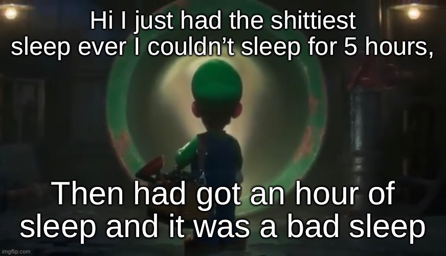 Hi I just had the shittiest sleep ever I couldn’t sleep for 5 hours, Then had got an hour of sleep and it was a bad sleep | made w/ Imgflip meme maker
