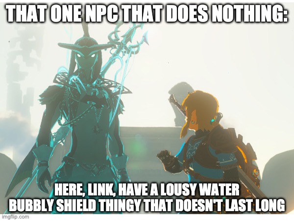 Link and Sidon | THAT ONE NPC THAT DOES NOTHING:; HERE, LINK, HAVE A LOUSY WATER BUBBLY SHIELD THINGY THAT DOESN'T LAST LONG | image tagged in tears of the kingdom,the legend of zelda,sidon,linkandsidon,uselessnpc,npc meme | made w/ Imgflip meme maker
