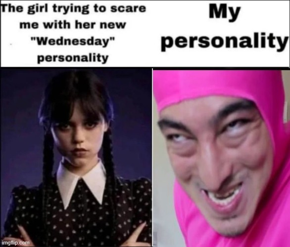 pink guy is having fun disturbing her | image tagged in the girl trying to scare me with her new wednesday personality,pink guy,memes,funny | made w/ Imgflip meme maker