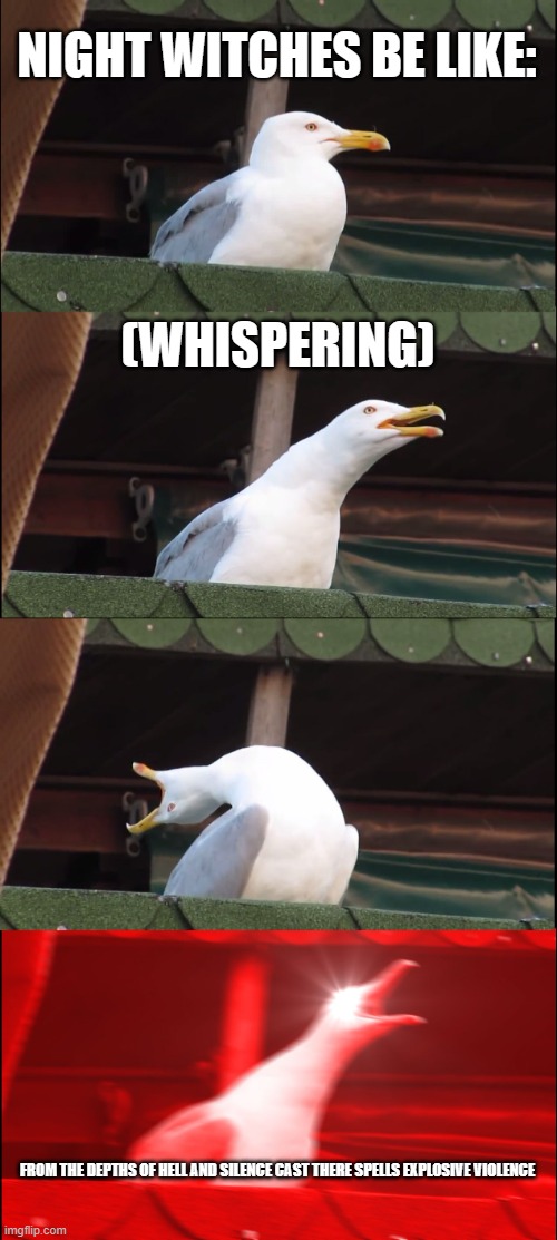 Night Witches by Sabaton be like: | NIGHT WITCHES BE LIKE:; (WHISPERING); FROM THE DEPTHS OF HELL AND SILENCE CAST THERE SPELLS EXPLOSIVE VIOLENCE | image tagged in memes,inhaling seagull | made w/ Imgflip meme maker