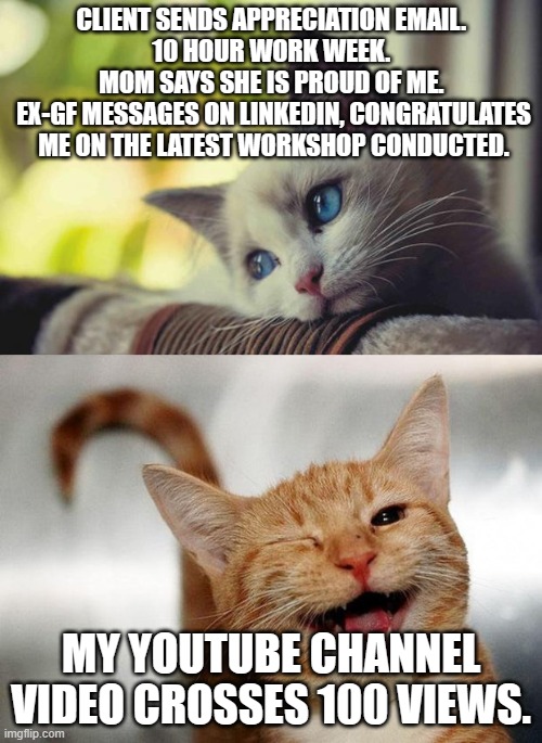 enjoy the little things. | CLIENT SENDS APPRECIATION EMAIL. 
10 HOUR WORK WEEK. 
MOM SAYS SHE IS PROUD OF ME. 
EX-GF MESSAGES ON LINKEDIN, CONGRATULATES ME ON THE LATEST WORKSHOP CONDUCTED. MY YOUTUBE CHANNEL VIDEO CROSSES 100 VIEWS. | image tagged in sad happy cat,little things,happy | made w/ Imgflip meme maker