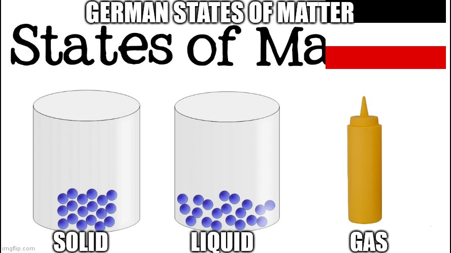German states of matter | GERMAN STATES OF MATTER; SOLID; LIQUID; GAS | image tagged in memes | made w/ Imgflip meme maker