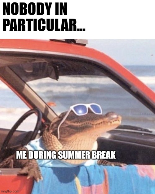 Me during summer break!!! | NOBODY IN PARTICULAR... ME DURING SUMMER BREAK | image tagged in sunglasses croc | made w/ Imgflip meme maker