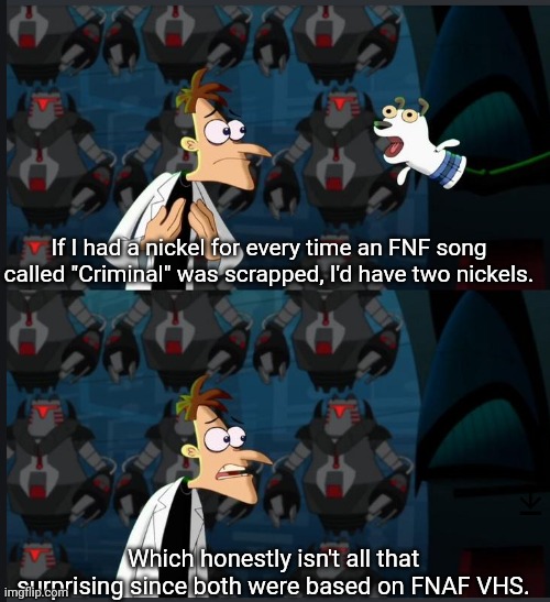 CRIMINAL | If I had a nickel for every time an FNF song called "Criminal" was scrapped, I'd have two nickels. Which honestly isn't all that surprising since both were based on FNAF VHS. | image tagged in 2 nickels,fnaf | made w/ Imgflip meme maker