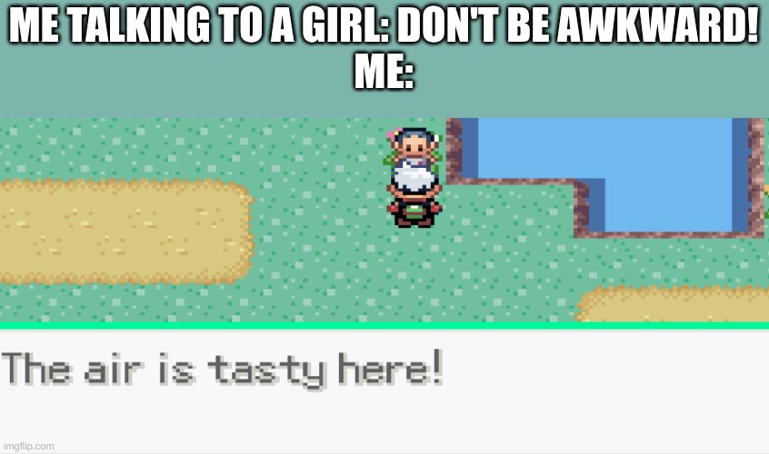 this is real dialogue | ME TALKING TO A GIRL: DON'T BE AWKWARD!
ME: | made w/ Imgflip meme maker