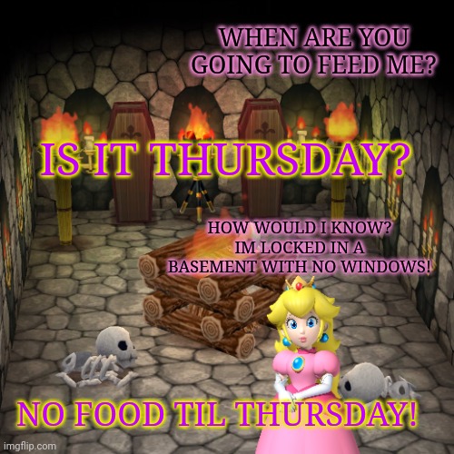 Animal crossing basement | WHEN ARE YOU GOING TO FEED ME? IS IT THURSDAY? HOW WOULD I KNOW? IM LOCKED IN A BASEMENT WITH NO WINDOWS! NO FOOD TIL THURSDAY! | image tagged in animal crossing basement | made w/ Imgflip meme maker