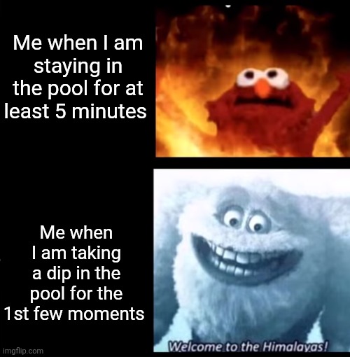 Pool | Me when I am staying in the pool for at least 5 minutes Me when I am taking a dip in the pool for the 1st few moments | image tagged in hot and cold,pool,dip,swimming pool,memes,dipping | made w/ Imgflip meme maker