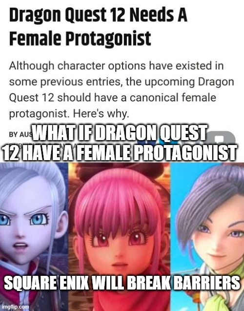 video game what if | WHAT IF DRAGON QUEST 12 HAVE A FEMALE PROTAGONIST; SQUARE ENIX WILL BREAK BARRIERS | image tagged in dragon quest facts,dragon ball super,what,drsarcasm | made w/ Imgflip meme maker