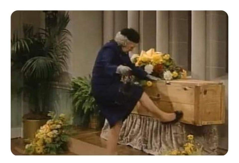 High Quality OLD LADY KICKING THE COFFIN Blank Meme Template
