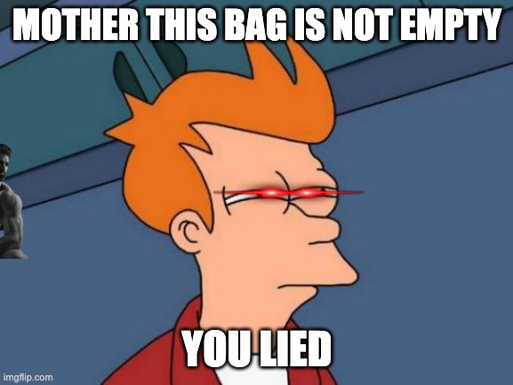 can you find the chad | MOTHER THIS BAG IS NOT EMPTY; YOU LIED | image tagged in memes,futurama fry | made w/ Imgflip meme maker