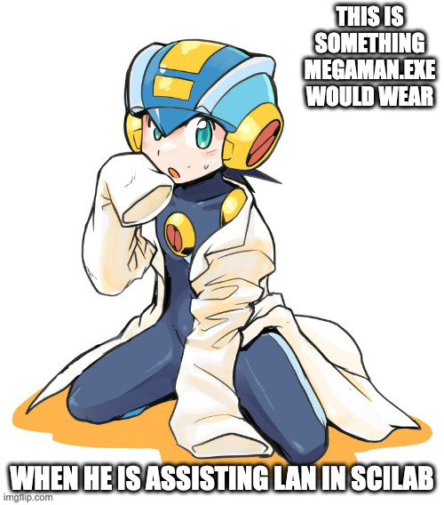 MegaMan.EXE With White Lab Suit | THIS IS SOMETHING MEGAMAN.EXE WOULD WEAR; WHEN HE IS ASSISTING LAN IN SCILAB | image tagged in megamanexe,megaman battle network,megaman,memes | made w/ Imgflip meme maker