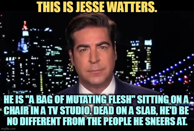 But his boxes! | THIS IS JESSE WATTERS. HE IS "A BAG OF MUTATING FLESH" SITTING ON A 
CHAIR IN A TV STUDIO. DEAD ON A SLAB, HE'D BE 
NO DIFFERENT FROM THE PEOPLE HE SNEERS AT. | image tagged in jesse watters,snob,cold,nasty,superior royalty,jerk | made w/ Imgflip meme maker