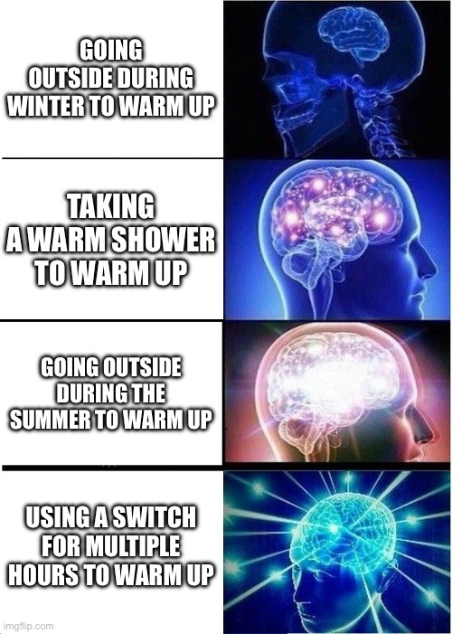 Big bren | GOING OUTSIDE DURING WINTER TO WARM UP; TAKING A WARM SHOWER TO WARM UP; GOING OUTSIDE DURING THE SUMMER TO WARM UP; USING A SWITCH FOR MULTIPLE HOURS TO WARM UP | image tagged in memes,expanding brain,nintendo switch,warm | made w/ Imgflip meme maker
