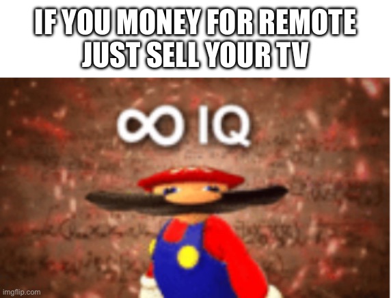 Infinite IQ | IF YOU MONEY FOR REMOTE


JUST SELL YOUR TV | image tagged in infinite iq | made w/ Imgflip meme maker
