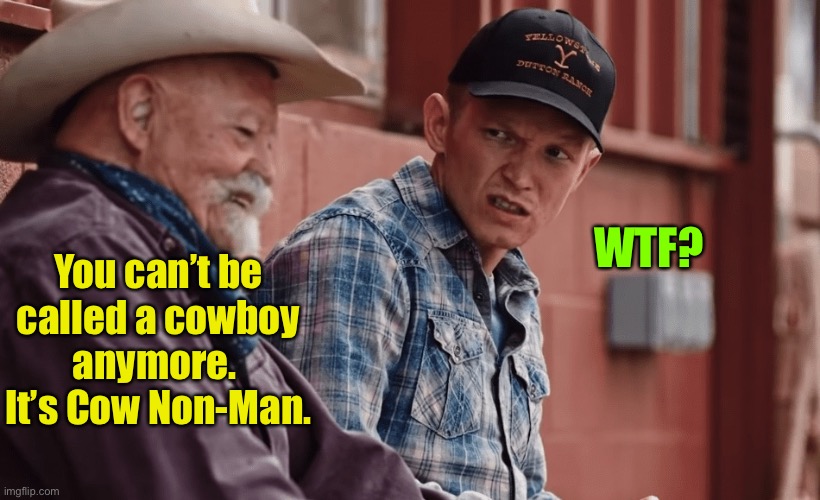 Because after 2 sexes no one knows what the hell anyone is anymore. | WTF? You can’t be called a cowboy anymore.  It’s Cow Non-Man. | image tagged in jimmy on yellowstone,cowboy,cancel culture,sexual confusion of the left | made w/ Imgflip meme maker