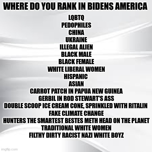 Bidens list | WHERE DO YOU RANK IN BIDENS AMERICA; LQBTQ
PEDOPHILES
CHINA
UKRAINE
ILLEGAL ALIEN
BLACK MALE
BLACK FEMALE
WHITE LIBERAL WOMEN
HISPANIC 
ASIAN
CARROT PATCH IN PAPUA NEW GUINEA
GERBIL IN ROD STEWART'S ASS
DOUBLE SCOOP ICE CREAM CONE, SPRINKLED WITH RITALIN 
FAKE CLIMATE CHANGE
HUNTERS THE SMARTEST BESTES METH HEAD ON THE PLANET
TRADITIONAL WHITE WOMEN
FILTHY DIRTY RACIST NAZI WHITE BOYZ | image tagged in biden | made w/ Imgflip meme maker